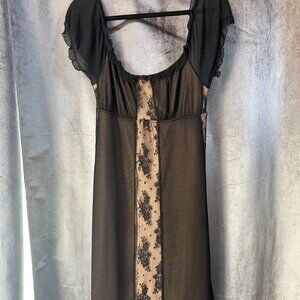 bebe babydoll dress tan with black lace overlay.  Ruffle sleeve vintage